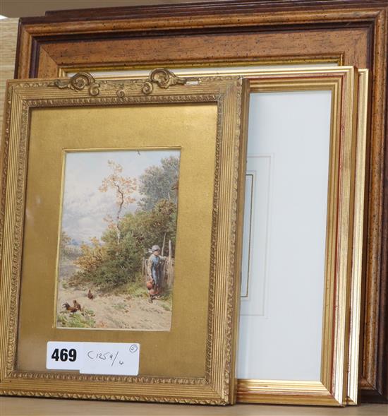 Two pairs of watercolours of cottages and a print after Birket Foster